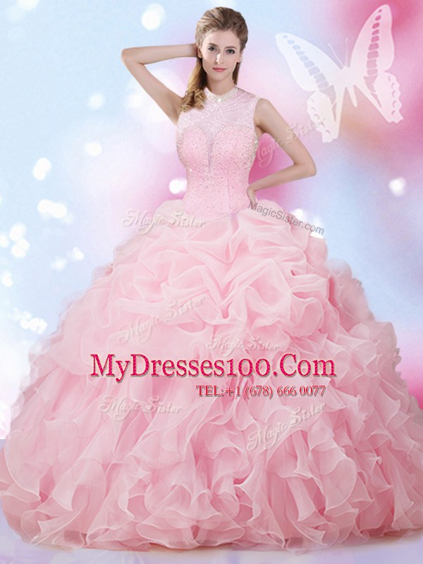 Beauteous Pick Ups Baby Pink Sleeveless Organza Lace Up Quinceanera Dresses for Military Ball and Sweet 16 and Quinceanera