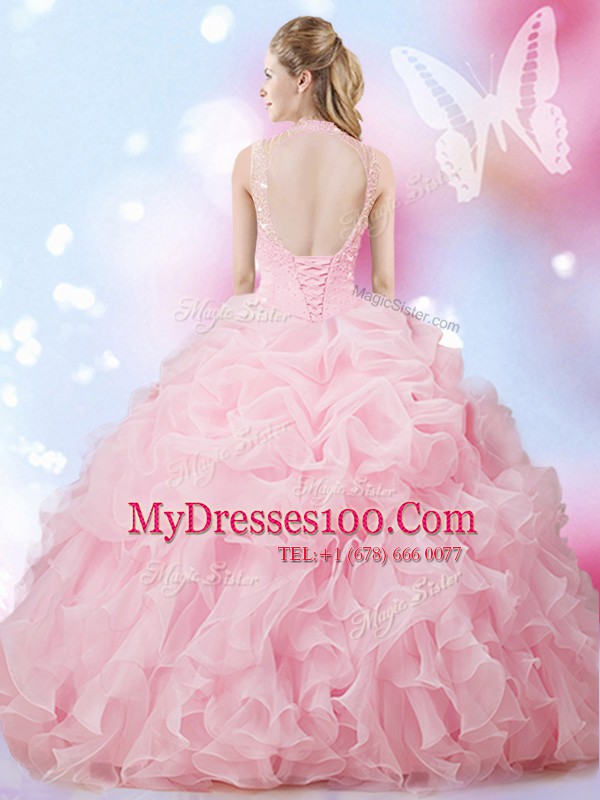Beauteous Pick Ups Baby Pink Sleeveless Organza Lace Up Quinceanera Dresses for Military Ball and Sweet 16 and Quinceanera