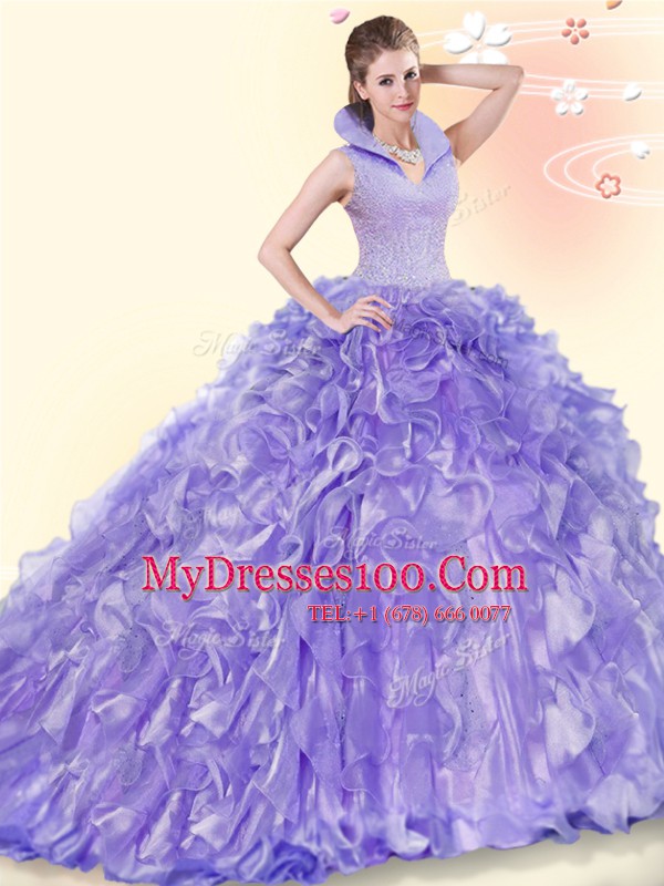 Lavender Organza Backless High-neck Sleeveless Quinceanera Dresses Brush Train Beading and Ruffles