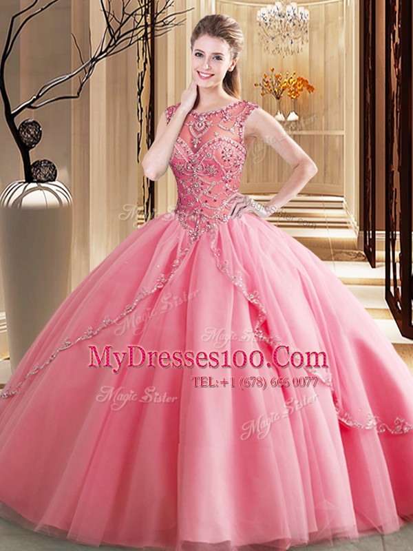 Delicate Watermelon Red Quinceanera Dresses Military Ball and Sweet 16 and Quinceanera and For with Beading Scoop Sleeveless Brush Train Lace Up