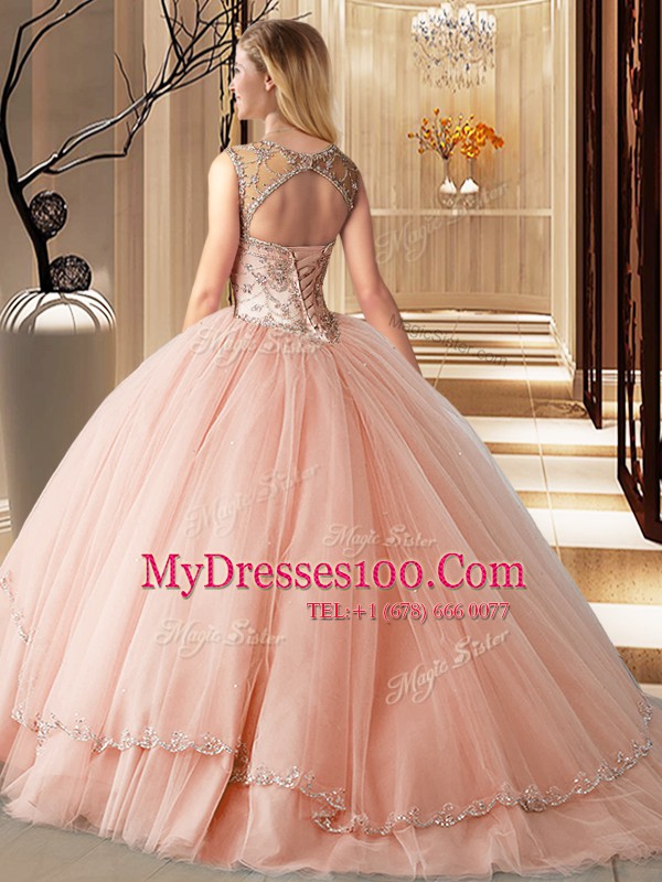 Delicate Watermelon Red Quinceanera Dresses Military Ball and Sweet 16 and Quinceanera and For with Beading Scoop Sleeveless Brush Train Lace Up