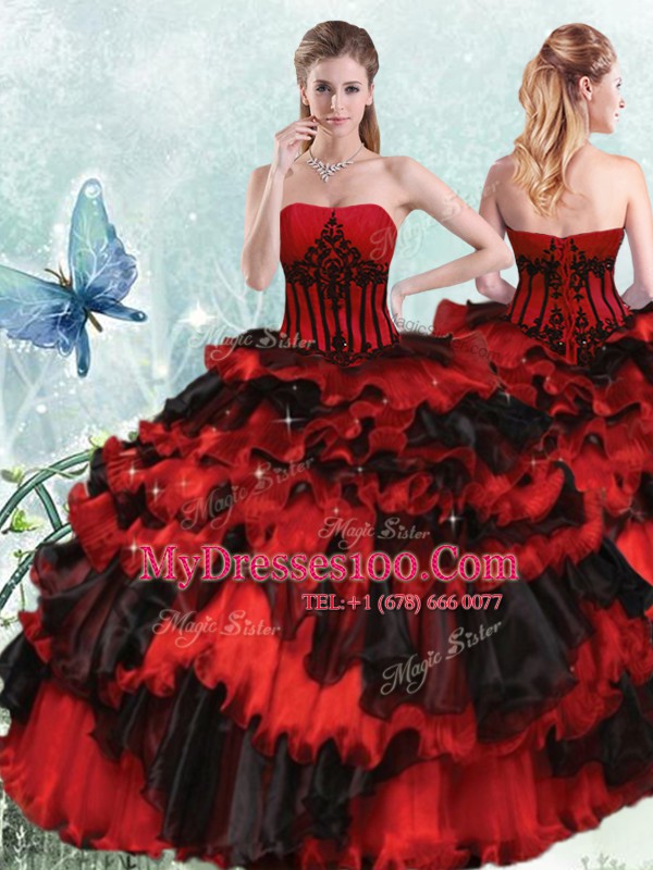 High Class Sleeveless Floor Length Appliques and Ruffled Layers Lace Up Quinceanera Dresses with Red And Black