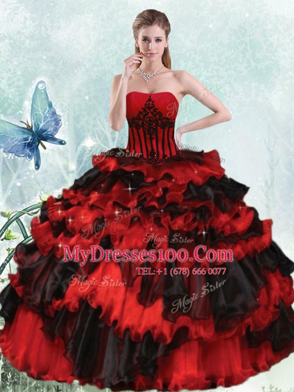High Class Sleeveless Floor Length Appliques and Ruffled Layers Lace Up Quinceanera Dresses with Red And Black