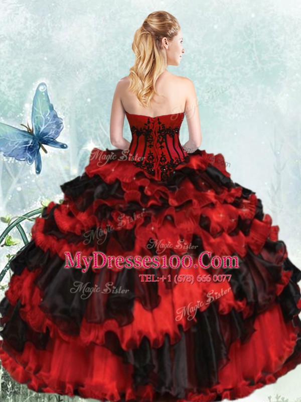 High Class Sleeveless Floor Length Appliques and Ruffled Layers Lace Up Quinceanera Dresses with Red And Black