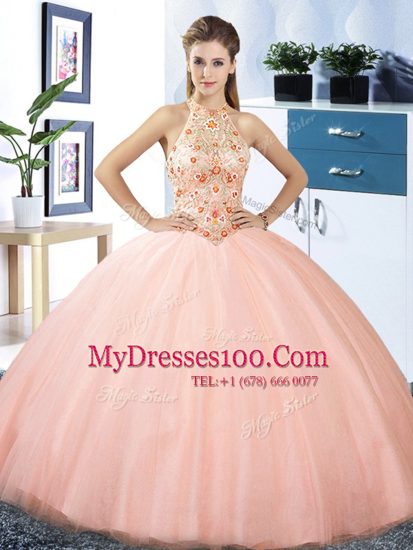 Beautiful Peach Ball Gowns Halter Top Sleeveless Tulle Floor Length Lace Up Embroidery Quinceanera Gown