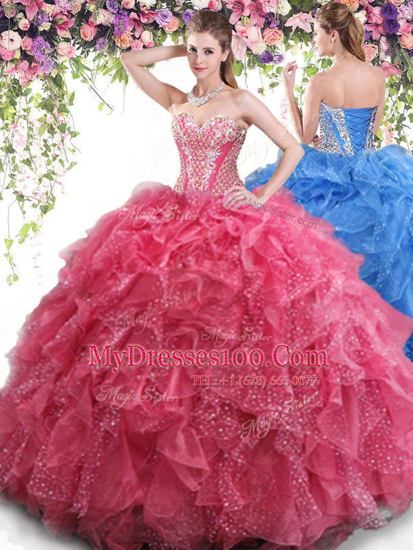 Sophisticated Sleeveless Organza Floor Length Lace Up Sweet 16 Dress in Coral Red with Beading and Ruffles