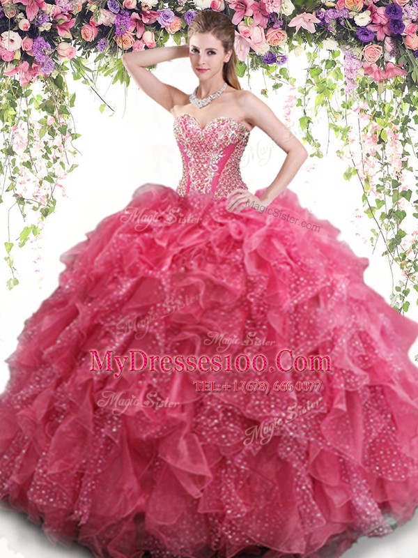 Sophisticated Sleeveless Organza Floor Length Lace Up Sweet 16 Dress in Coral Red with Beading and Ruffles