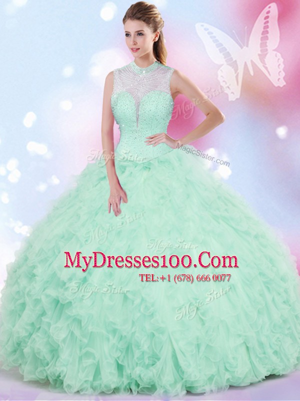 Apple Green Sleeveless Tulle Lace Up Quinceanera Dresses for Military Ball and Sweet 16 and Quinceanera