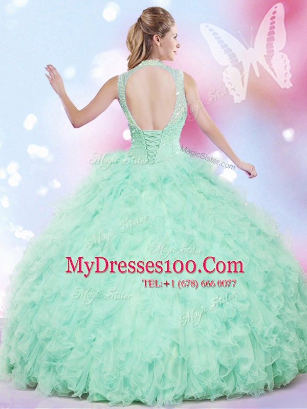 Apple Green Sleeveless Tulle Lace Up Quinceanera Dresses for Military Ball and Sweet 16 and Quinceanera