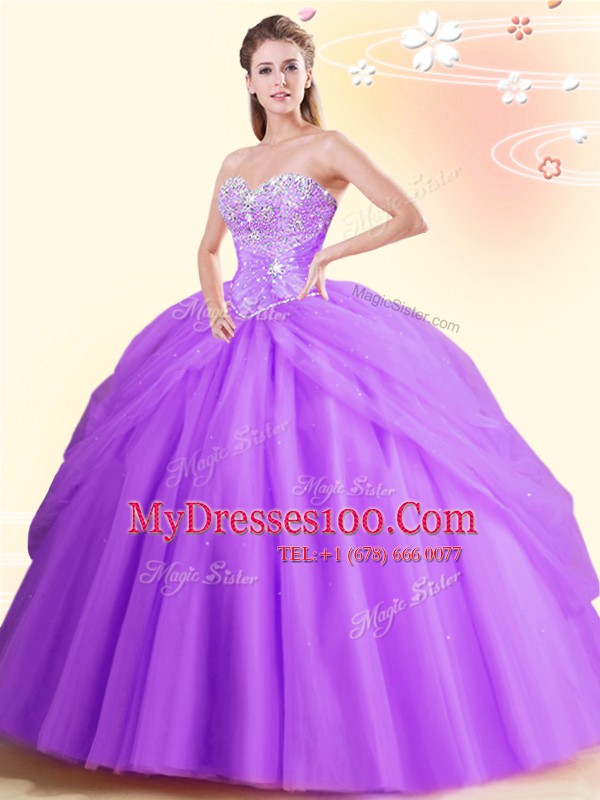Lilac Sleeveless Beading Floor Length Quince Ball Gowns