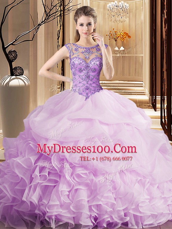 Scoop Lilac Lace Up Vestidos de Quinceanera Beading and Ruffles and Pick Ups Sleeveless Brush Train