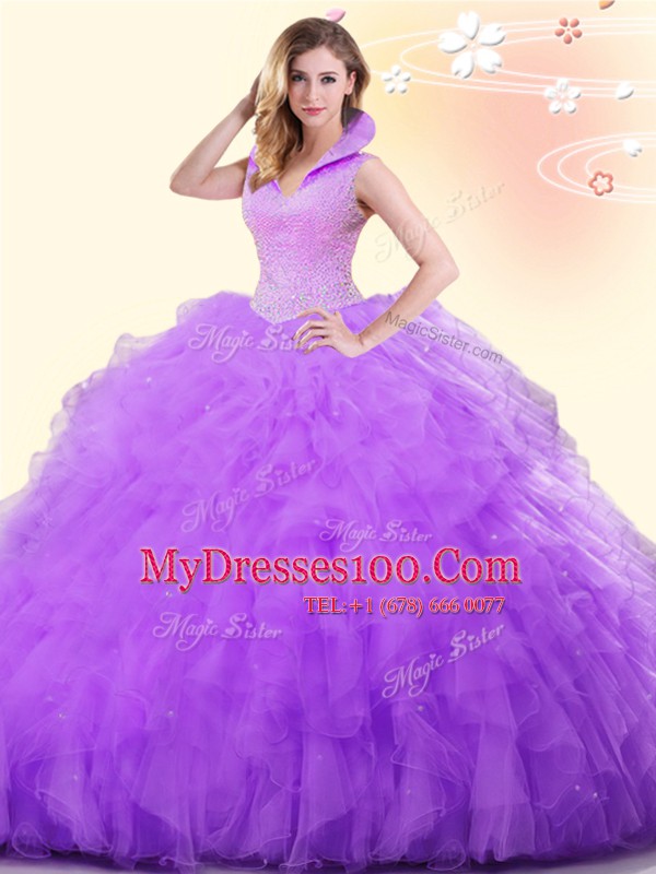 Lavender Backless Vestidos de Quinceanera Beading and Ruffles Sleeveless Floor Length