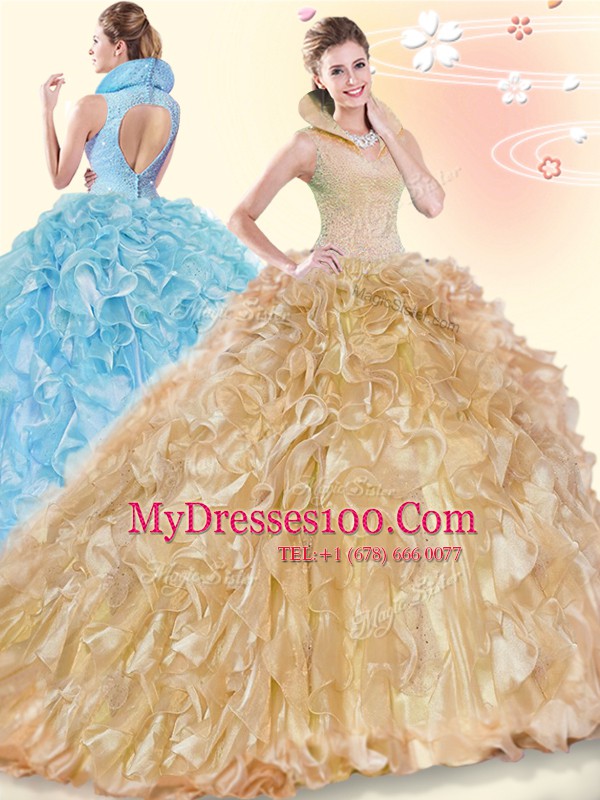 Champagne Backless Sweet 16 Quinceanera Dress Beading and Ruffles Sleeveless Brush Train