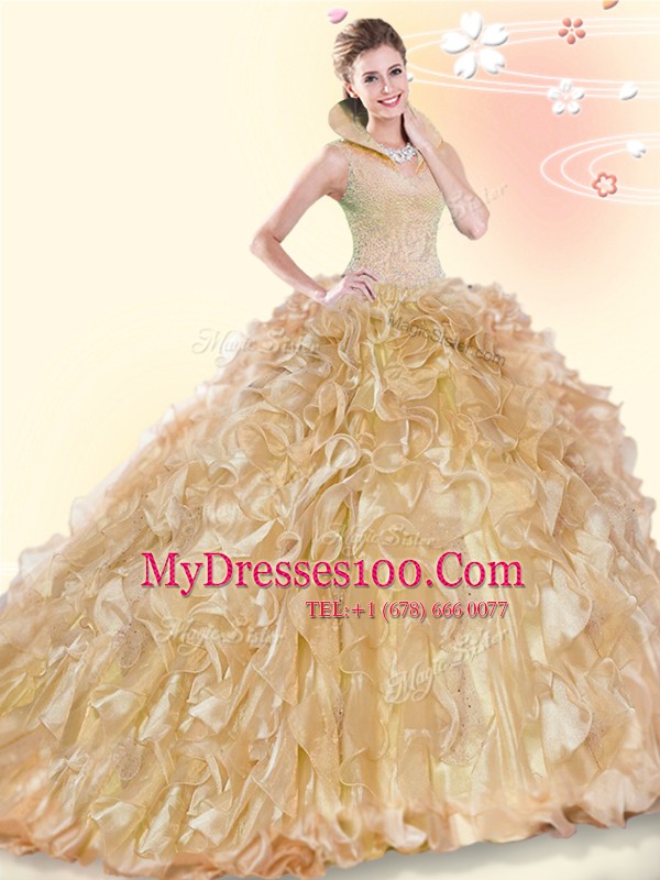 Champagne Backless Sweet 16 Quinceanera Dress Beading and Ruffles Sleeveless Brush Train
