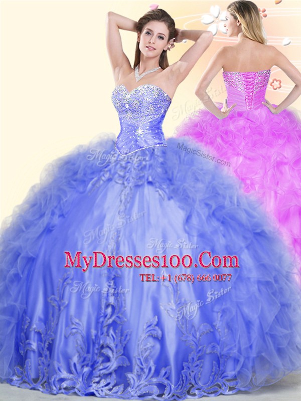 Blue Ball Gowns Sweetheart Sleeveless Tulle Floor Length Lace Up Beading and Ruffles 15 Quinceanera Dress