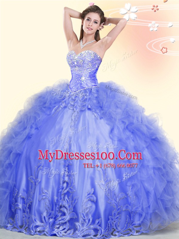 Blue Ball Gowns Sweetheart Sleeveless Tulle Floor Length Lace Up Beading and Ruffles 15 Quinceanera Dress
