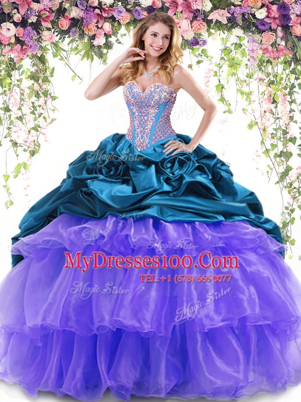 On Sale Organza and Taffeta Sweetheart Sleeveless Brush Train Lace Up Beading and Ruffled Layers and Pick Ups Quinceanera Dresses in Multi-color
