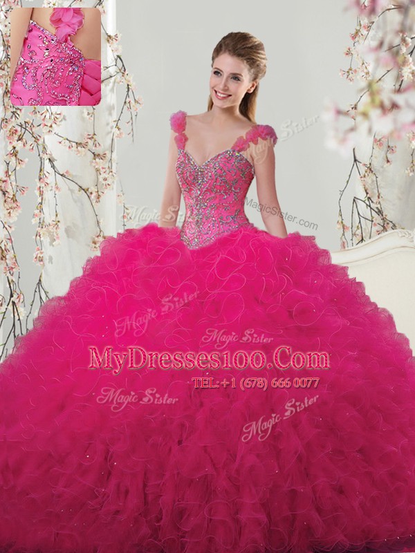 Luxurious Straps Floor Length Hot Pink Sweet 16 Dresses Tulle Sleeveless Beading and Ruffles and Hand Made Flower