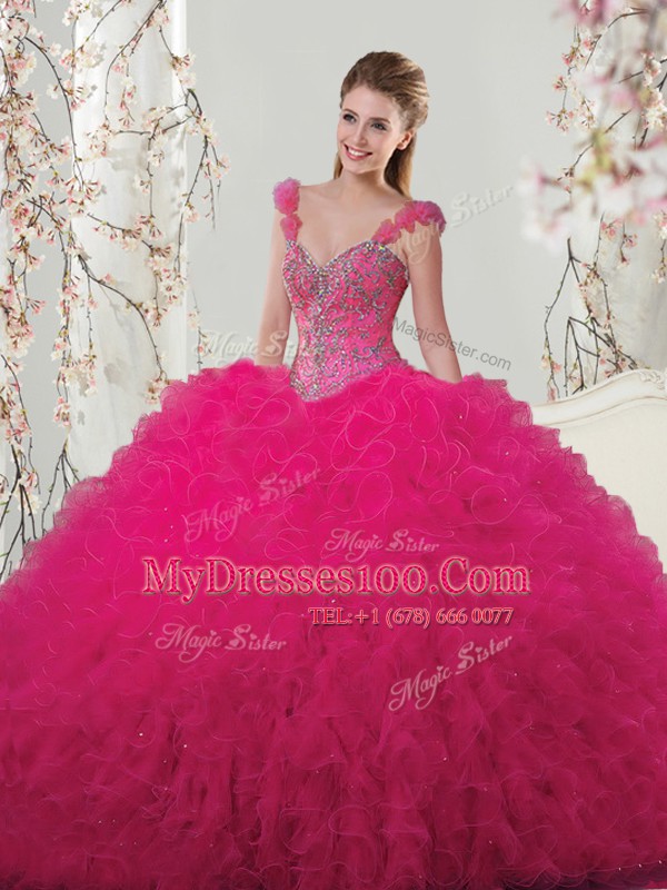 Luxurious Straps Floor Length Hot Pink Sweet 16 Dresses Tulle Sleeveless Beading and Ruffles and Hand Made Flower