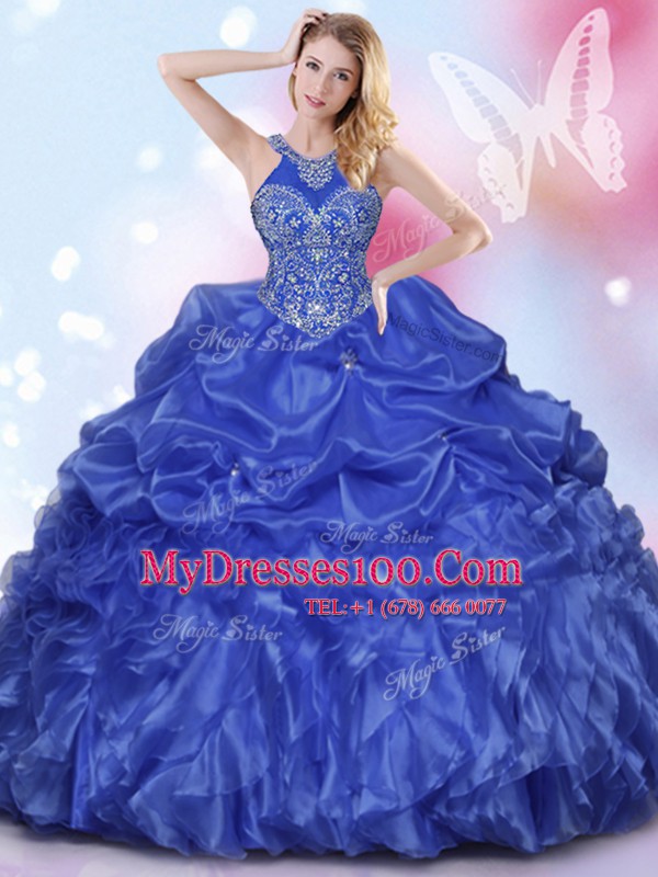 Colorful Halter Top Sleeveless Floor Length Appliques and Ruffles and Pick Ups Lace Up 15th Birthday Dress with Royal Blue