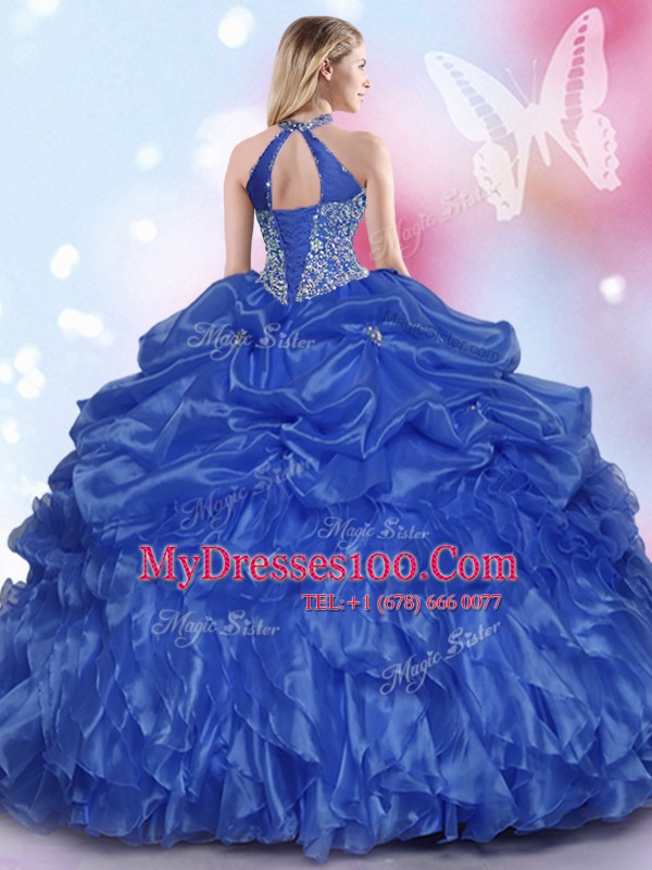 Colorful Halter Top Sleeveless Floor Length Appliques and Ruffles and Pick Ups Lace Up 15th Birthday Dress with Royal Blue