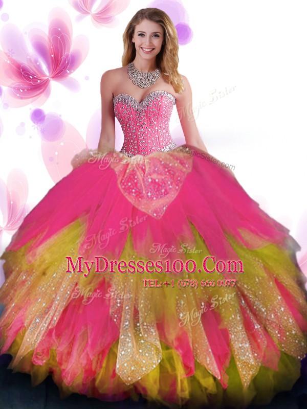 Multi-color Tulle Lace Up Vestidos de Quinceanera Sleeveless Floor Length Beading and Ruffled Layers