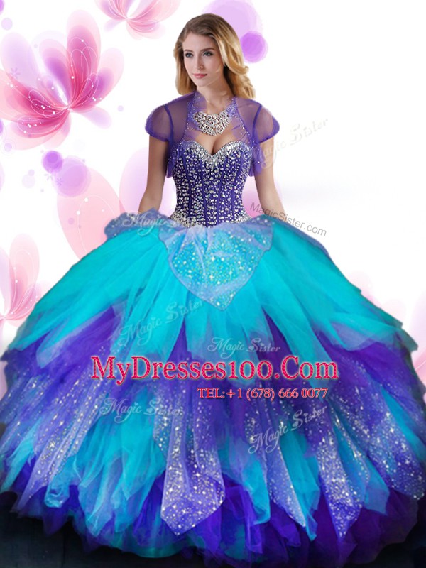 Multi-color Tulle Lace Up Vestidos de Quinceanera Sleeveless Floor Length Beading and Ruffled Layers