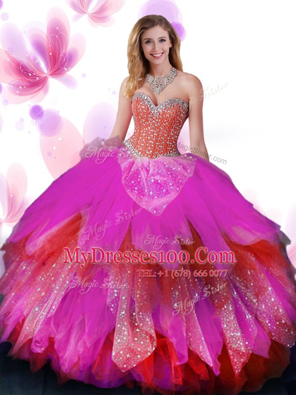 Multi-color Tulle Lace Up Vestidos de Quinceanera Sleeveless Floor Length Beading and Ruffled Layers