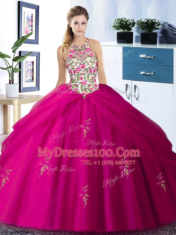 Halter Top Tulle Sleeveless Floor Length Quinceanera Dress and Embroidery and Pick Ups