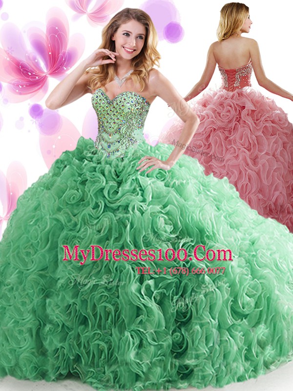 Classical Turquoise Sleeveless Organza and Fabric With Rolling Flowers Sweep Train Lace Up Quinceanera Gowns for Military Ball and Sweet 16 and Quinceanera