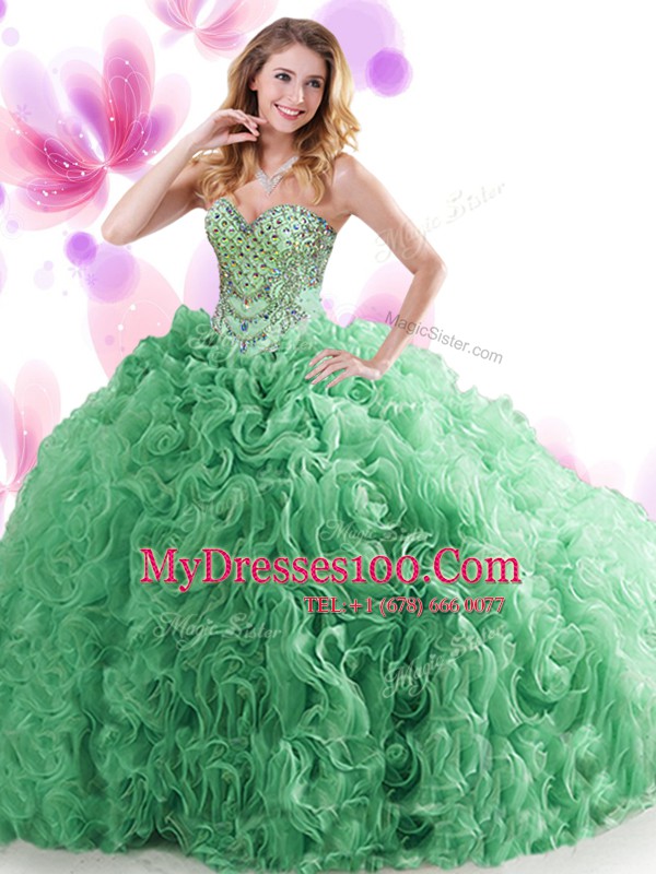 Classical Turquoise Sleeveless Organza and Fabric With Rolling Flowers Sweep Train Lace Up Quinceanera Gowns for Military Ball and Sweet 16 and Quinceanera