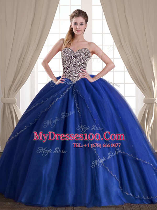 Low Price Sweetheart Sleeveless Tulle Sweet 16 Dress Beading Brush Train Lace Up