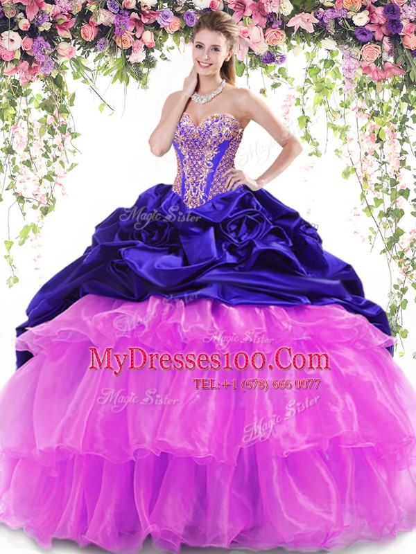 Adorable Multi-color Lace Up Quinceanera Dress Beading and Ruffled Layers and Pick Ups Sleeveless With Brush Train