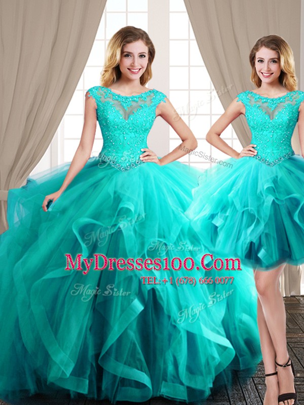 Pretty Three Piece Aqua Blue Ball Gowns Scoop Cap Sleeves Tulle Floor Length Brush Train Lace Up Beading and Appliques and Ruffles Vestidos de Quinceanera