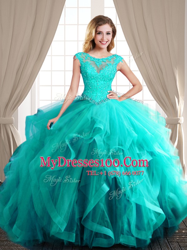 Pretty Three Piece Aqua Blue Ball Gowns Scoop Cap Sleeves Tulle Floor Length Brush Train Lace Up Beading and Appliques and Ruffles Vestidos de Quinceanera