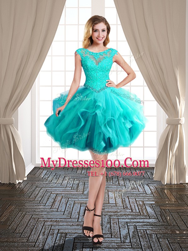 Pretty Three Piece Aqua Blue Ball Gowns Scoop Cap Sleeves Tulle Floor Length Brush Train Lace Up Beading and Appliques and Ruffles Vestidos de Quinceanera