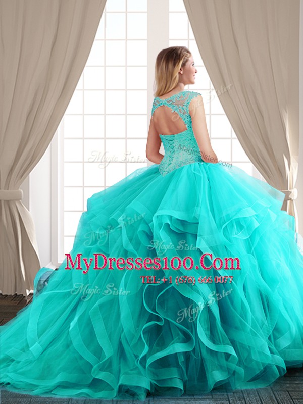 Pretty Three Piece Aqua Blue Ball Gowns Scoop Cap Sleeves Tulle Floor Length Brush Train Lace Up Beading and Appliques and Ruffles Vestidos de Quinceanera