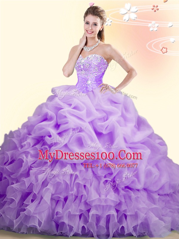 Lilac Quinceanera Gown Military Ball and Sweet 16 and Quinceanera and For with Beading and Ruffles and Pick Ups Sweetheart Sleeveless Brush Train Lace Up