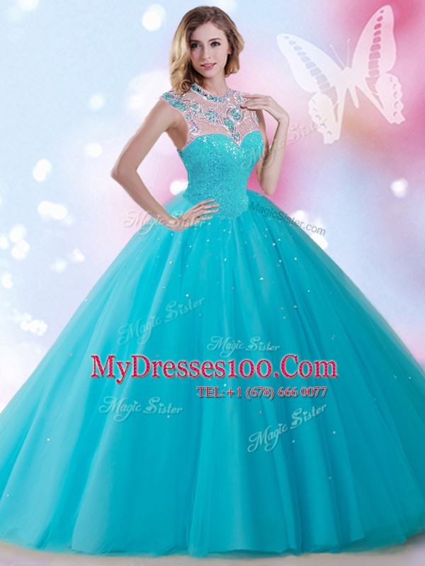 Deluxe Aqua Blue Sweet 16 Quinceanera Dress Military Ball and Sweet 16 and Quinceanera and For with Beading and Sequins High-neck Sleeveless Zipper