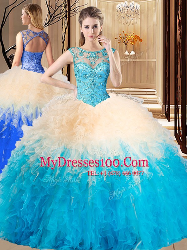 Wonderful Scoop Multi-color Sleeveless Floor Length Beading Lace Up Quince Ball Gowns