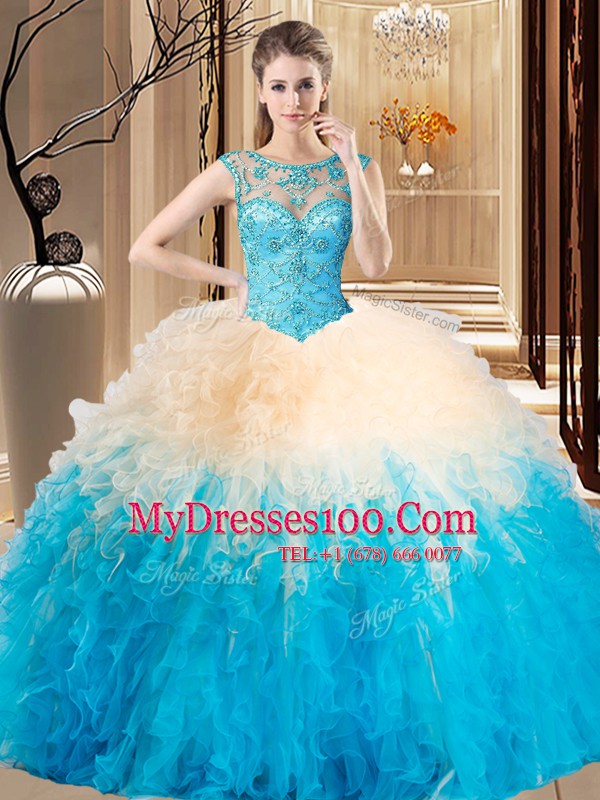 Wonderful Scoop Multi-color Sleeveless Floor Length Beading Lace Up Quince Ball Gowns