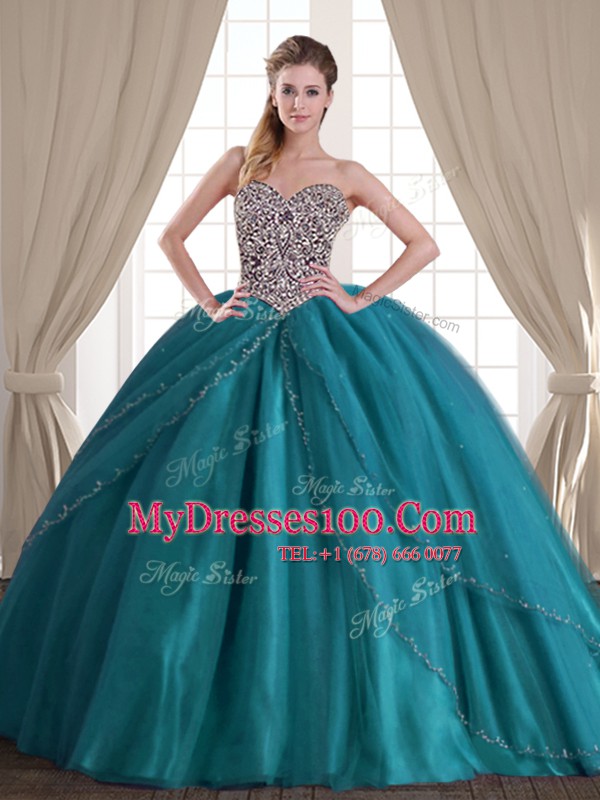 Customized Sweetheart Sleeveless Quince Ball Gowns With Brush Train Beading Teal Tulle