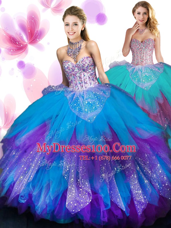 Sweetheart Sleeveless Tulle Sweet 16 Dress Beading and Ruffled Layers Lace Up
