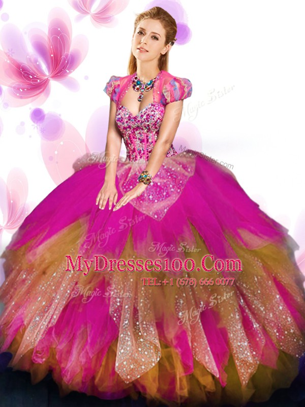 Sweetheart Sleeveless Tulle Sweet 16 Dress Beading and Ruffled Layers Lace Up