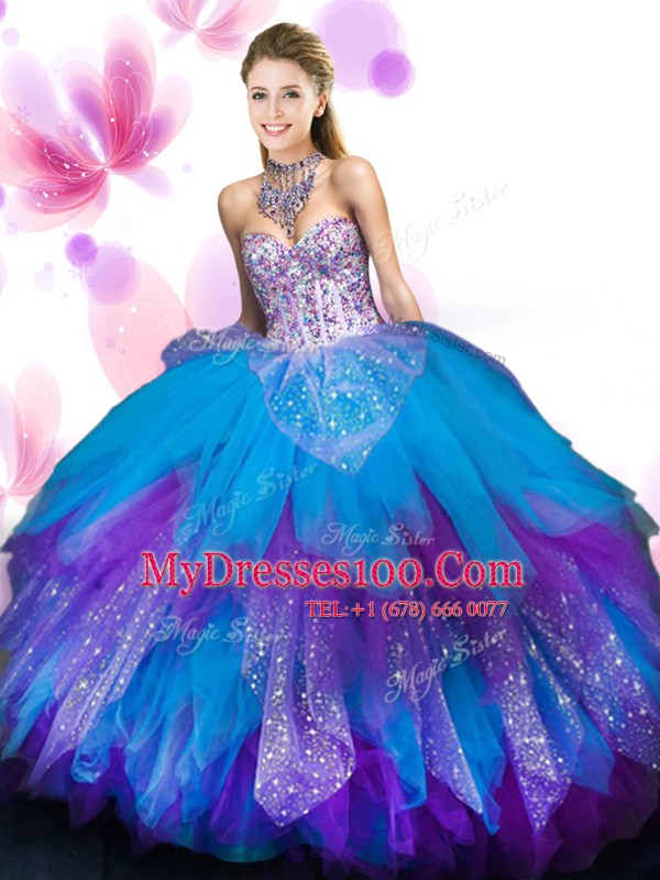 Sweetheart Sleeveless Tulle Sweet 16 Dress Beading and Ruffled Layers Lace Up