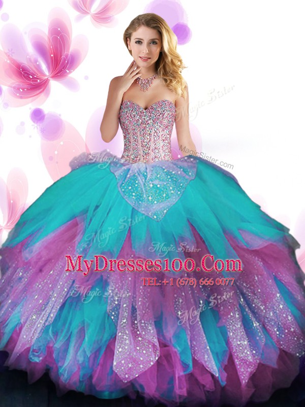 Sweetheart Sleeveless Tulle Sweet 16 Dress Beading and Ruffled Layers Lace Up