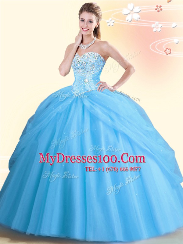 Dynamic Tulle Sweetheart Sleeveless Lace Up Beading Sweet 16 Dresses in Aqua Blue