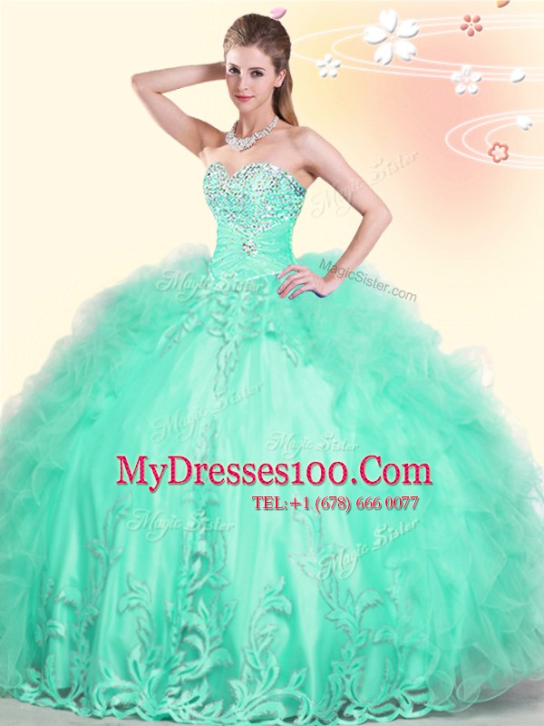Top Selling Sweetheart Sleeveless Quinceanera Gowns Floor Length Beading and Appliques and Ruffles Apple Green Tulle
