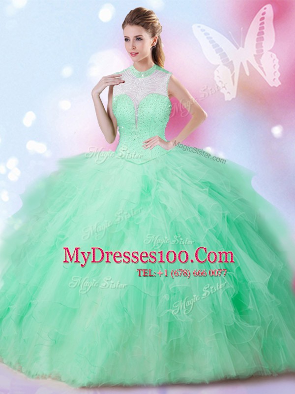 Floor Length Apple Green Sweet 16 Dresses High-neck Sleeveless Lace Up