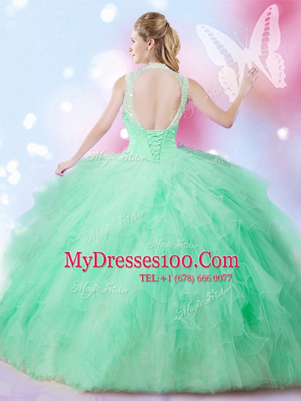 Floor Length Apple Green Sweet 16 Dresses High-neck Sleeveless Lace Up